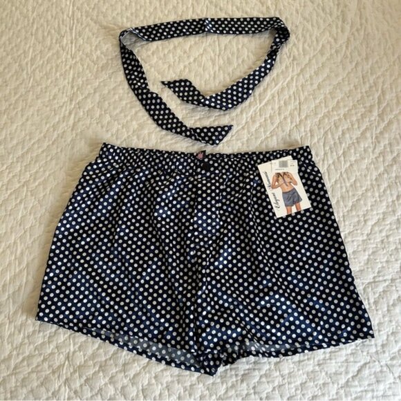 Navy Blue Polka Dot Silk Shorts with Tie Necktie Lingerie XL - Picture 2 of 7